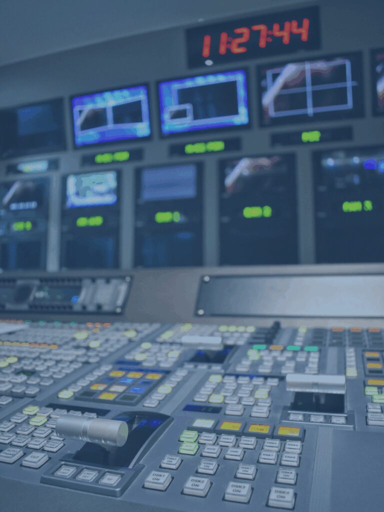 Inside TV broadcasting station control room.