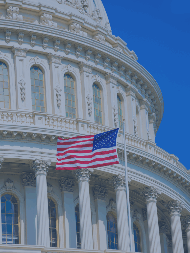 American flag in front of Capitol Building.