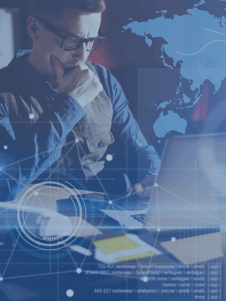 Human in though with futuristic graphs and possible data points floating.