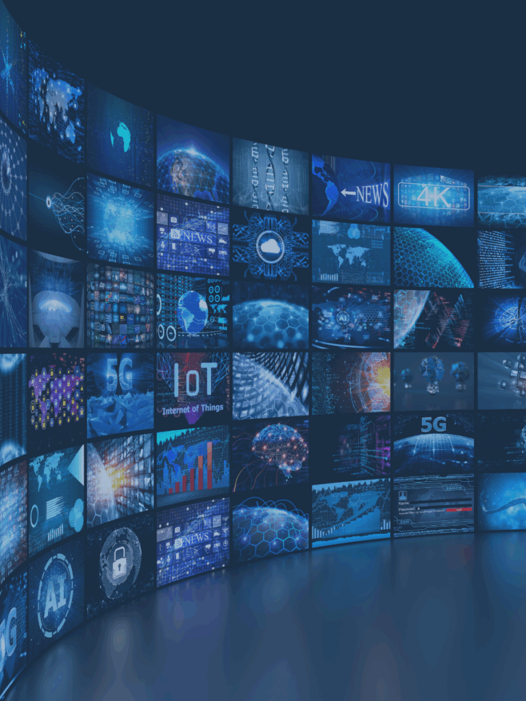 Curved wall filled with monitors &/or TVs.