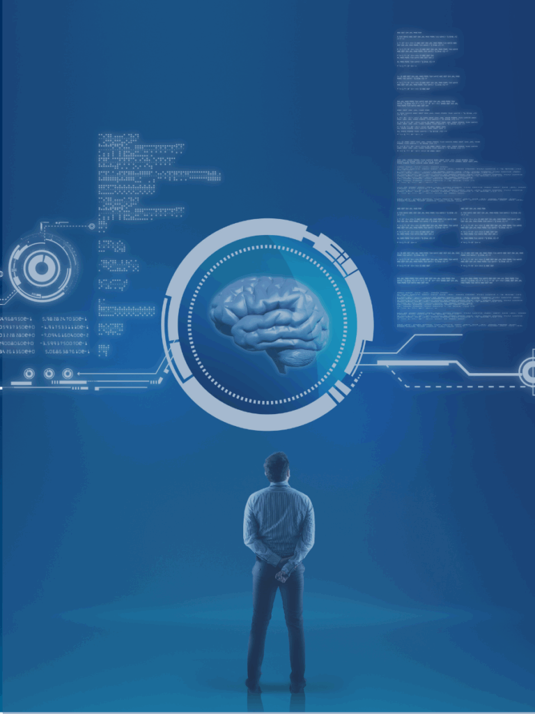 Sleek, modern, slightly “sci-fi boardroom” vibe with data floating and a person from behind looking at floating data and a brain.