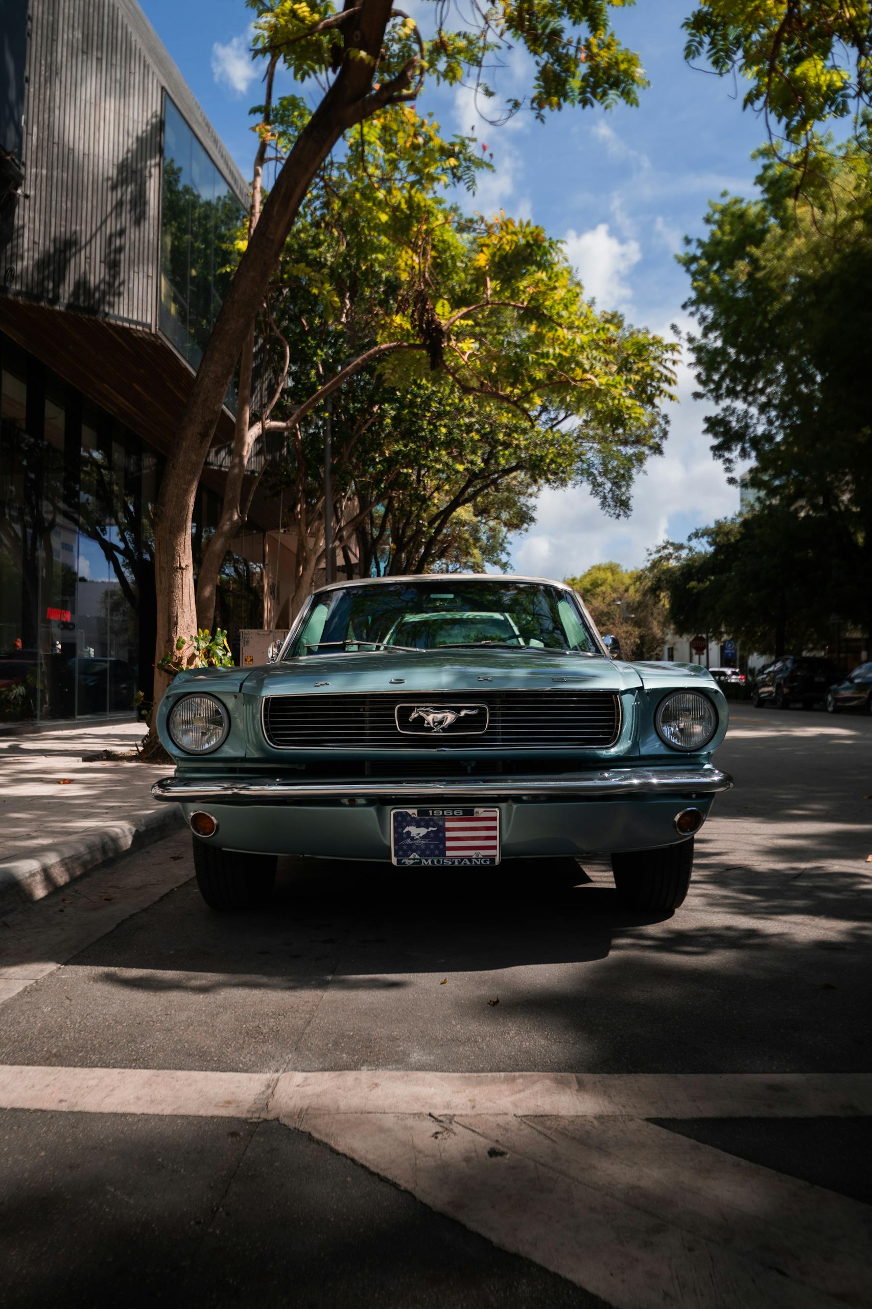 Vintage Ford Mustang on a sunny city street, surrounded by trees and urban architecture.