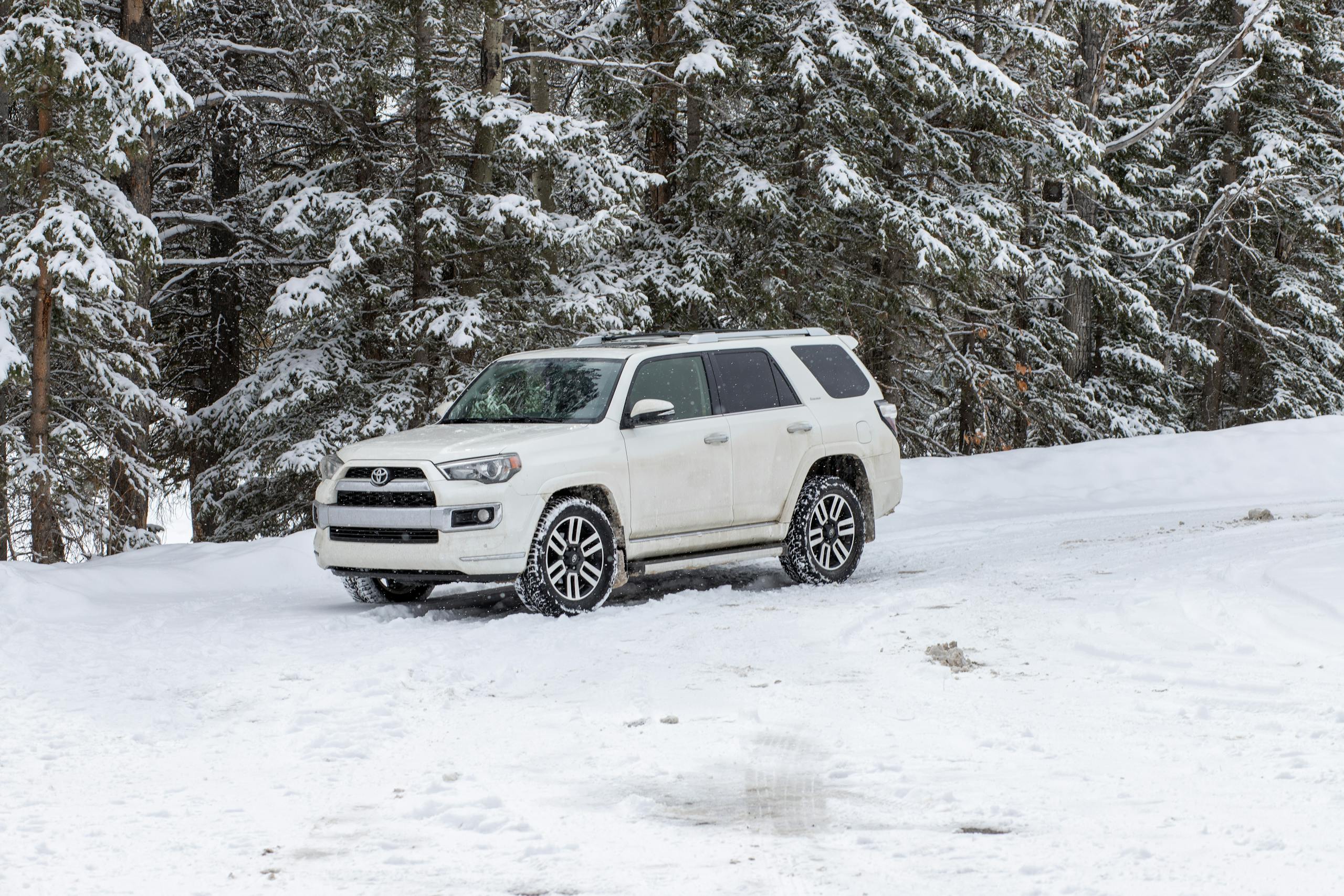 White SUV parked in a snow-covered forest, showcasing winter driving conditions and landscape.